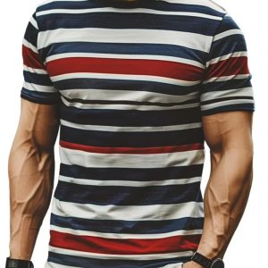 VS01 Simple Stripe Printed T Shirts For Men Summer Casual O-Neck Short Sleeve